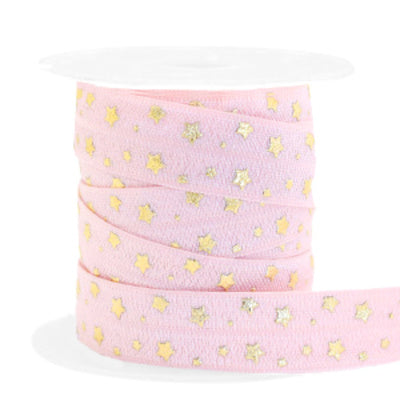 Elastisch lint Ibiza lichtroze gouden sterren 15 mm (p/10 cm)
